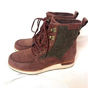 Merrell Roam Leather Mid Platform Wedge Winter Snow Booties Brown Womens Sz 7.5